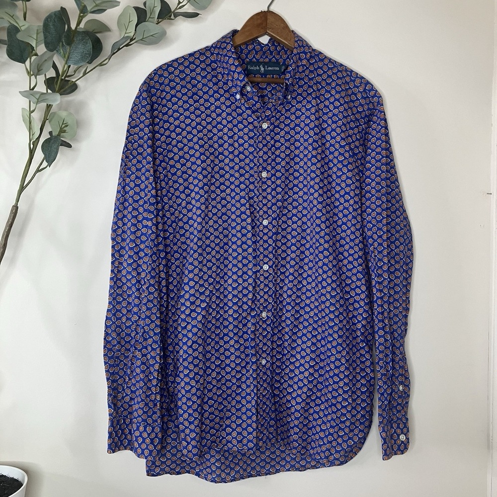 Ralph Lauren Mens Long Sleeve Shirt Button Down Size L Blue & Orange Floral